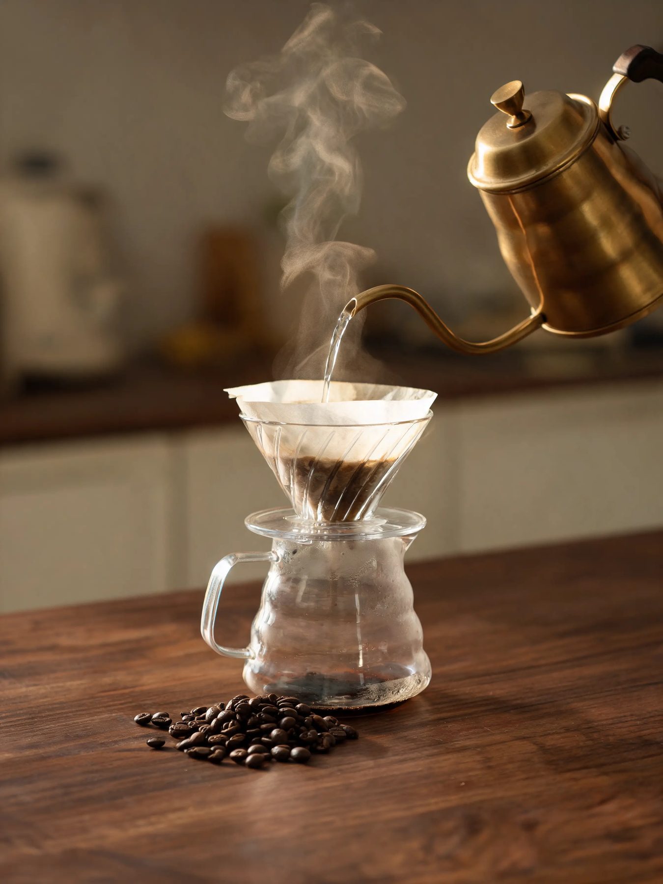 Gooseneck kettle pouring into a glass dripper on a dark walnut counter